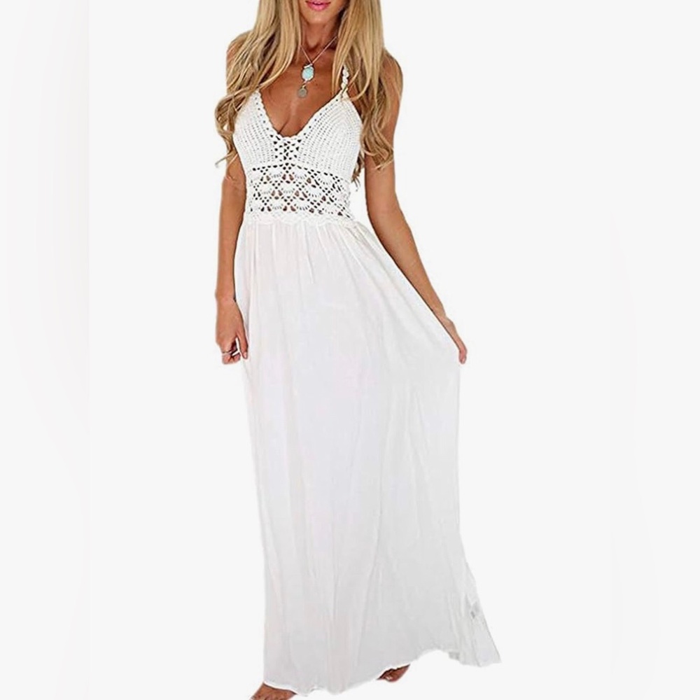 White crocheted halter top maxi dress